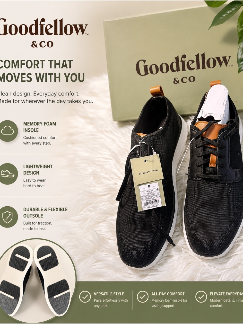 Goodfellow & Co Black Men's Slip-On Sneakers with Tan Accents size 8